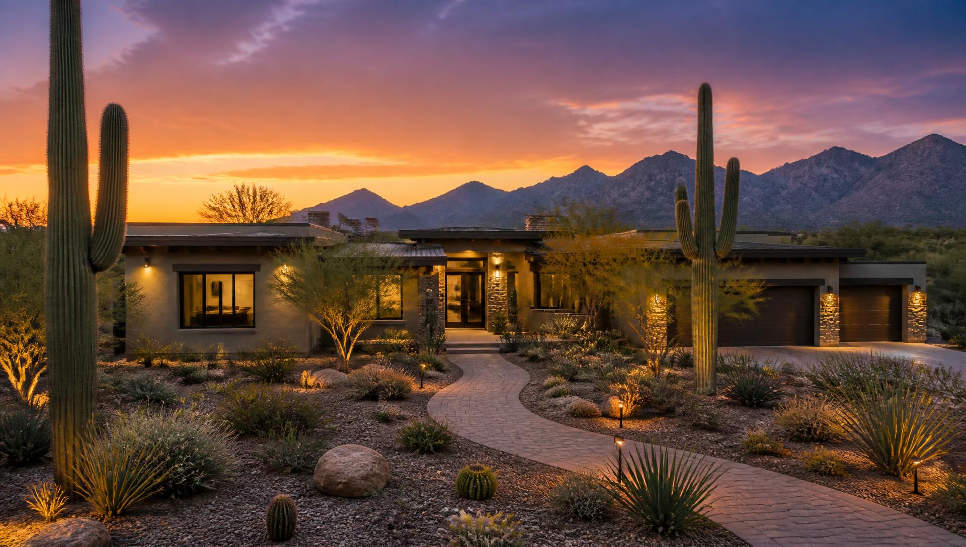 Luxury Tucson desert home glowing at dusk with saguaro cacti